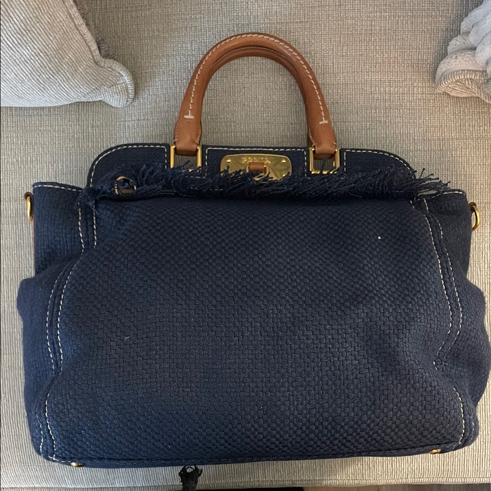 Stylish Navy Blue Prada Handbag with Brown Handles